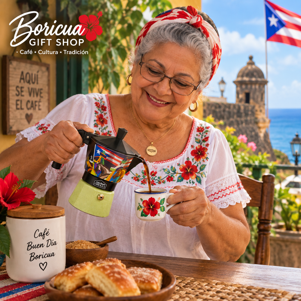 Puerto Rican Christmas coffee maker in green used by a woman with pastries and decorations