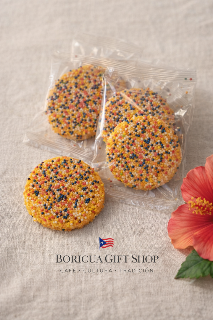 Colorful Puerto Rican cookies in a clear bag from Boricua Gift Shop