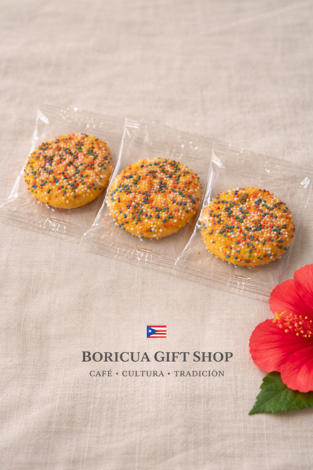 Puerto Rican cookies topped with colorful sprinkles, perfect for celebrations