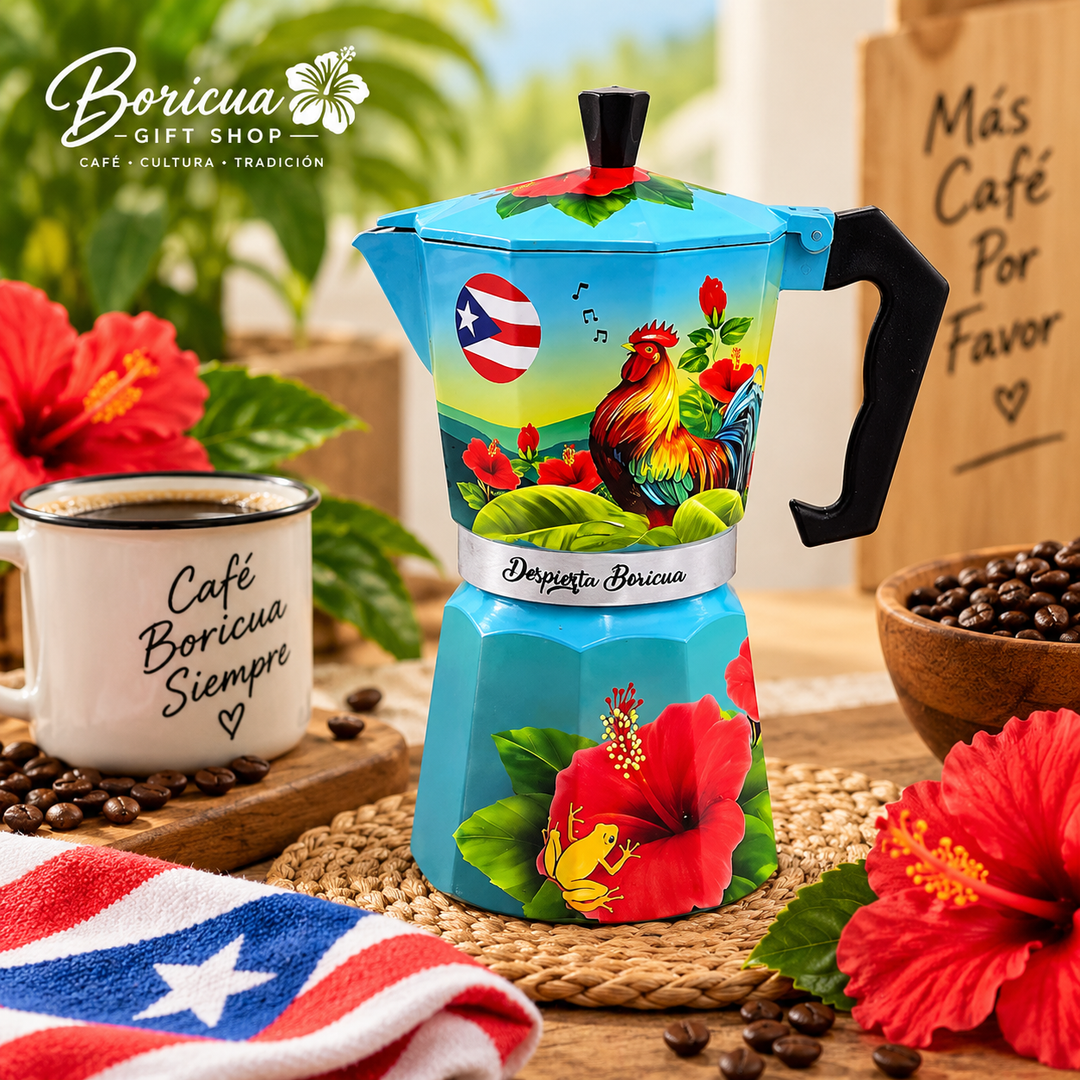Moka pot in vibrant colors featuring Puerto Rican flag design for brewing coffee