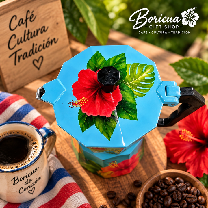Boricua coffee maker with Puerto Rican flag design and hibiscus flowers