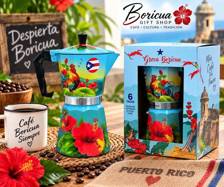 Boricua coffee maker with Puerto Rican flag design and colorful tropical decor