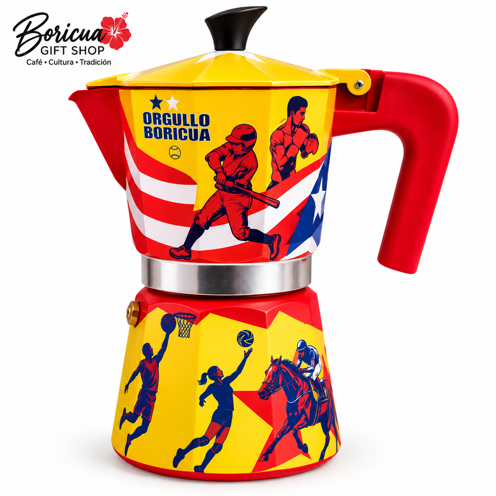 Boricua coffee maker with vibrant colors and Puerto Rican flag design