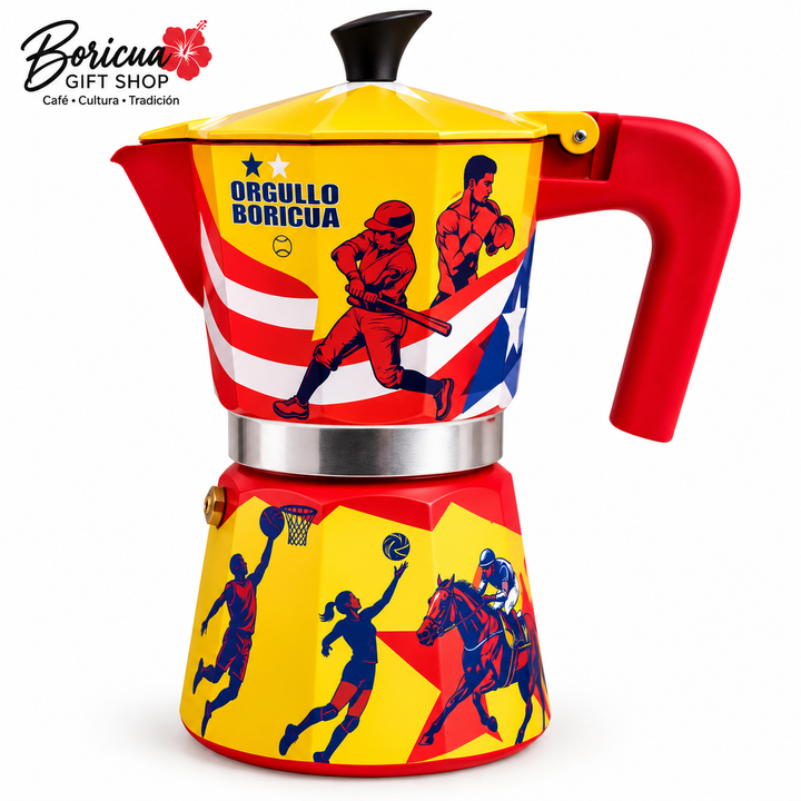 Boricua coffee maker with vibrant colors and Puerto Rican flag design