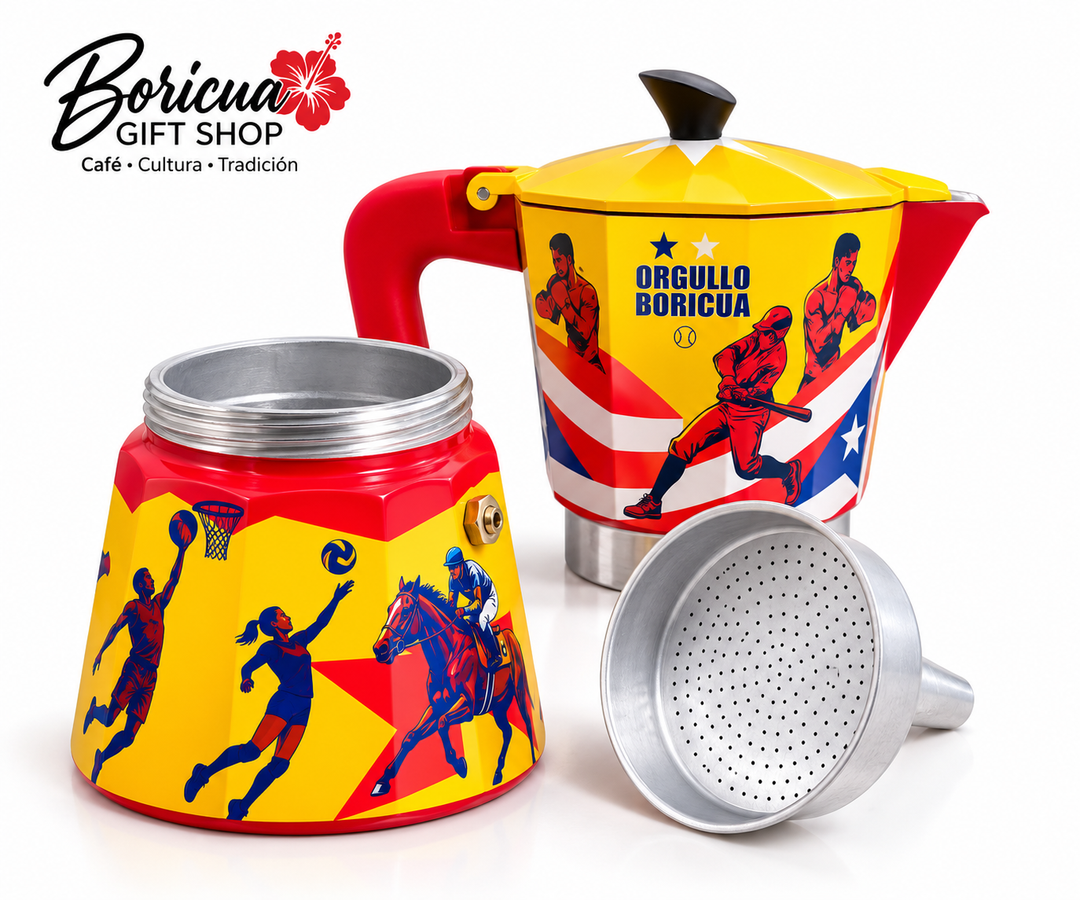 Boricua coffee maker in red and yellow with Puerto Rican flag design