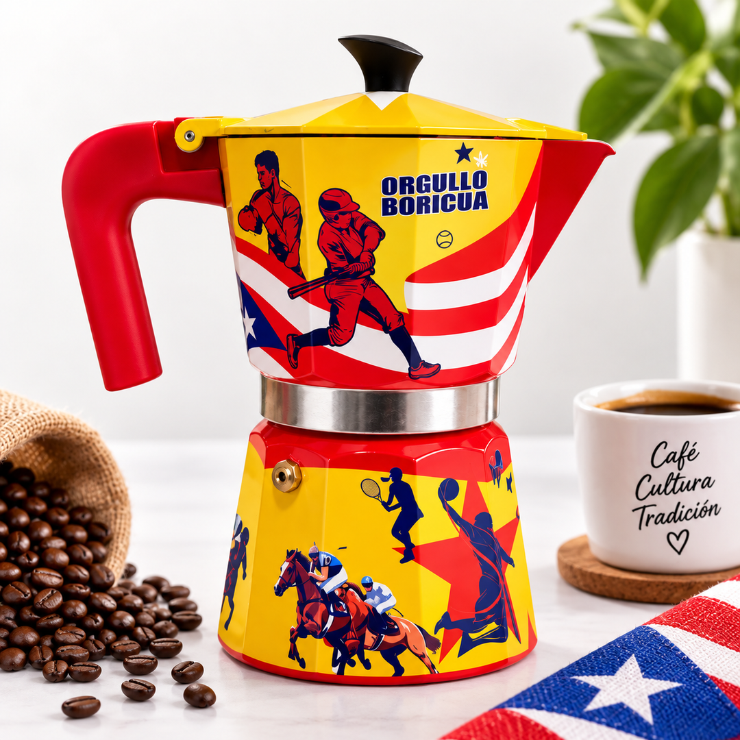 Boricua coffee maker with Puerto Rican flag design, perfect for brewing espresso