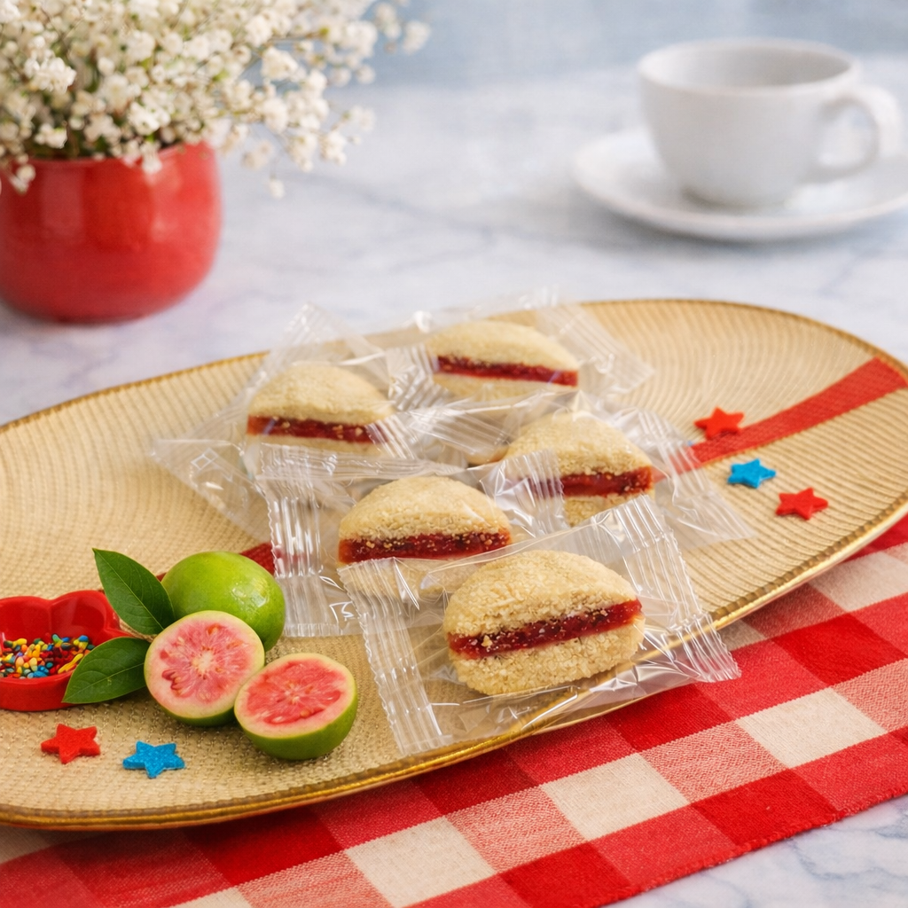 Guava cookies on a decorative plate with colorful sprinkles, Puerto Rico