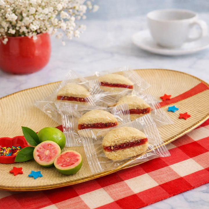 Guava cookies on a decorative plate with colorful sprinkles, Puerto Rico