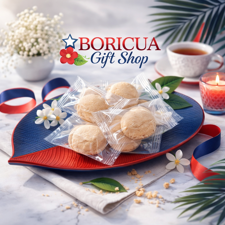 Polvorones cookies on a blue plate from Boricua Gift Shop