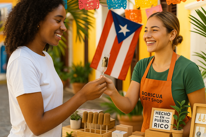 Puerto Rican coffee lollipop candy from El Artesano handed to customer at Boricua Gift Shop