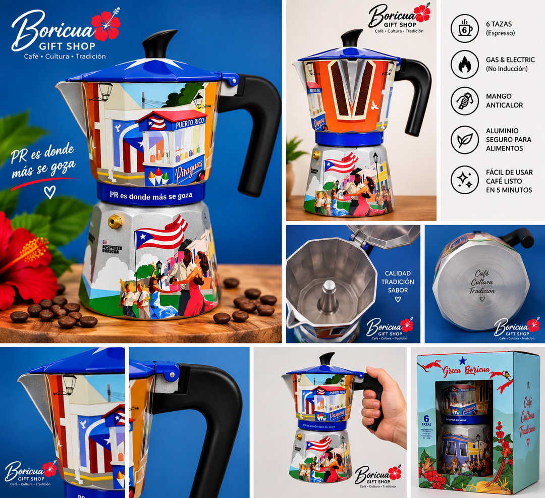 Puerto Rican coffee maker with colorful design celebrating Puerto Rico
