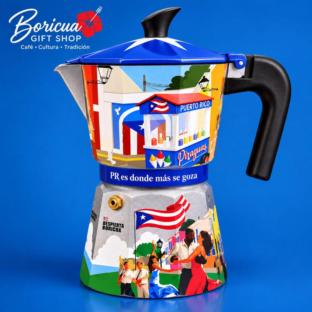 Puerto Rican coffee greca with colorful Puerto Rico design