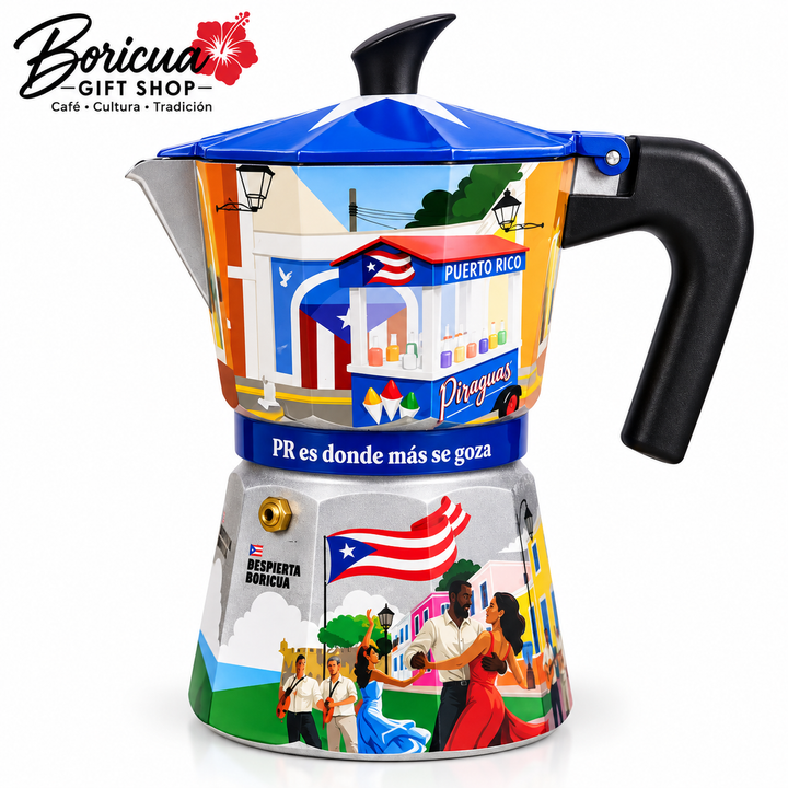 Colorful Puerto Rican coffee maker featuring iconic designs and vibrant colors