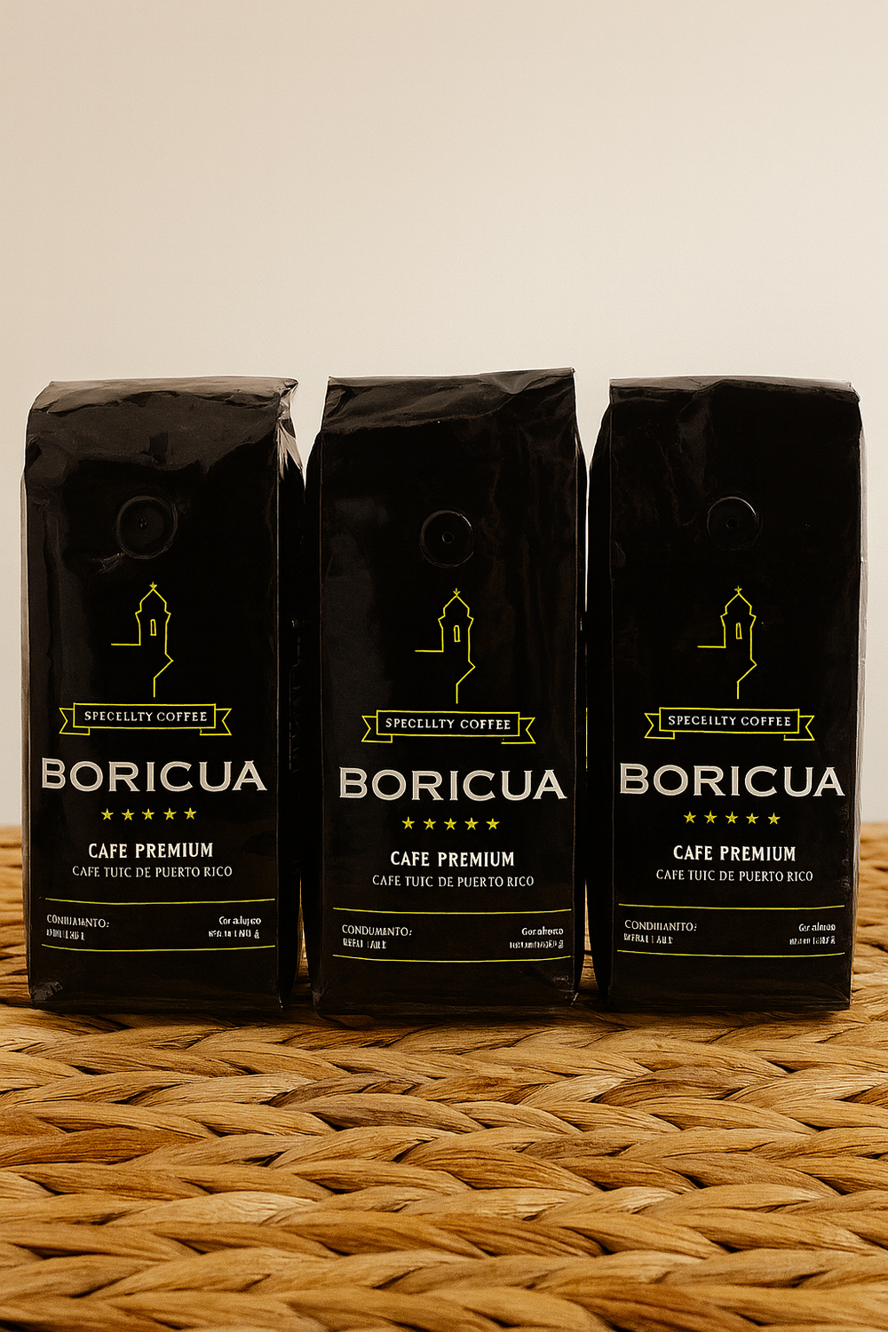 Three bags of Boricua Café Premium featuring Puerto Rican specialty coffee in black packaging