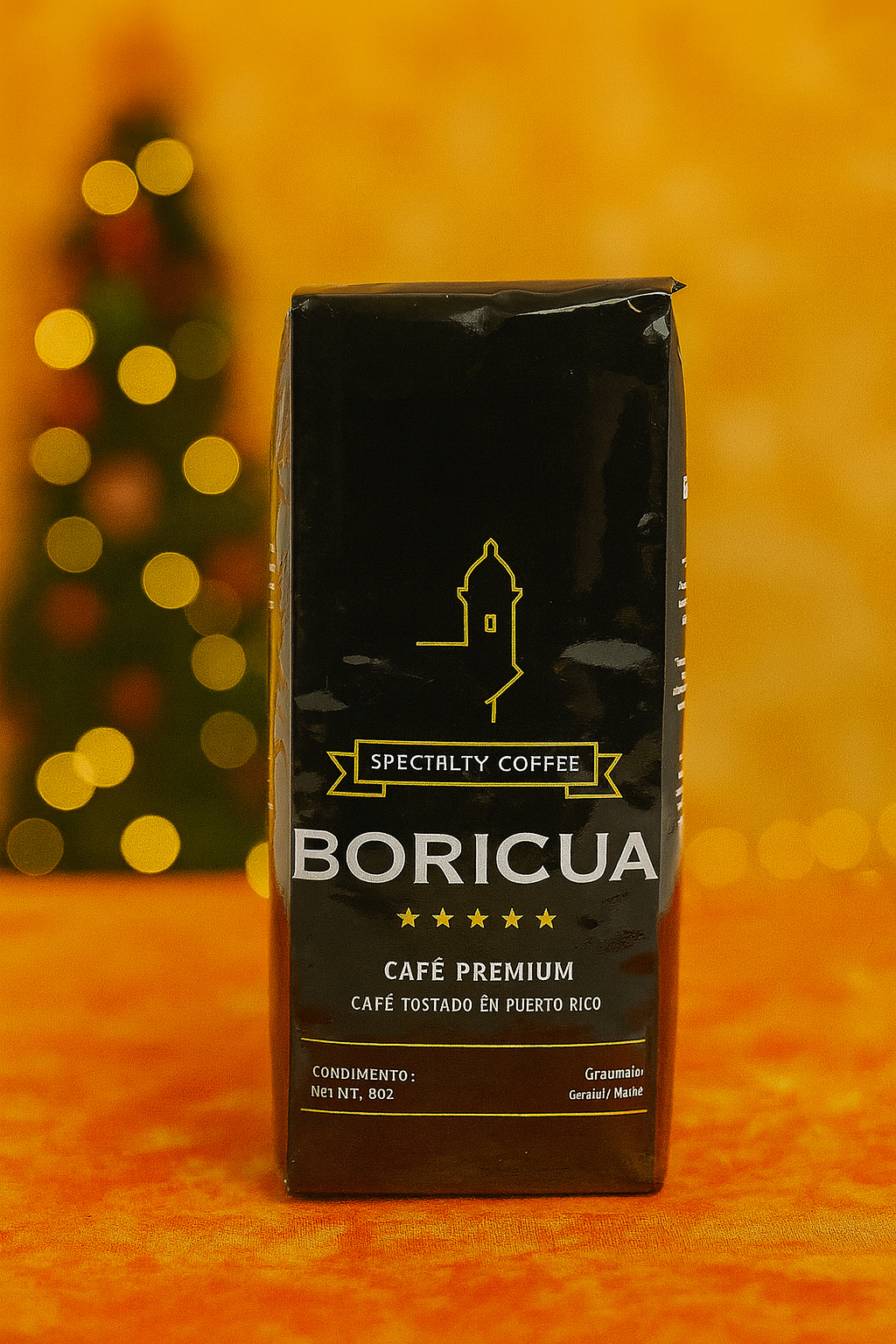 Boricua Premium Coffee bag featuring Puerto Rican specialty coffee with a black design