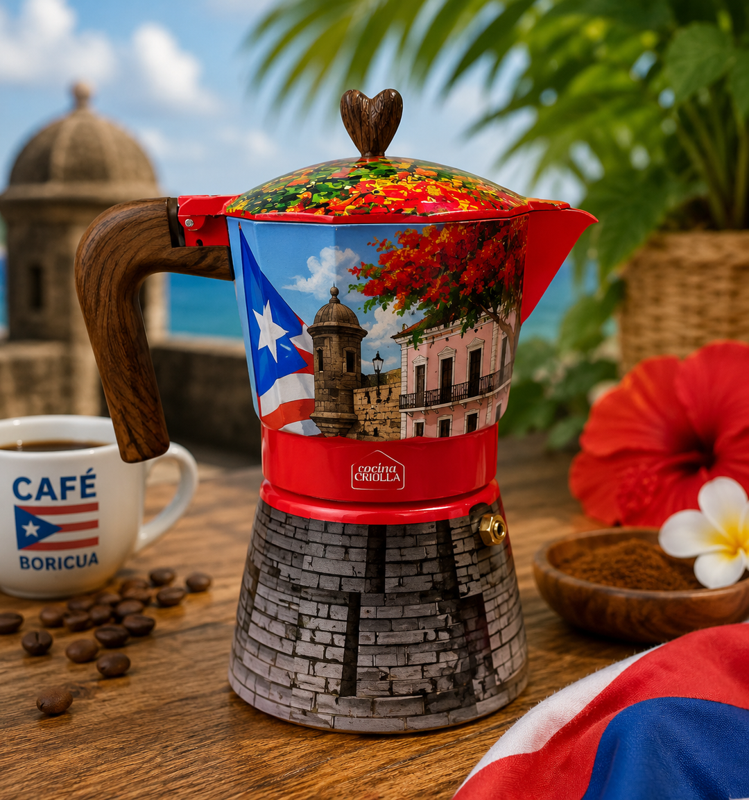 Colorful greca coffee pot with Puerto Rican design from Boricua Gift Shop