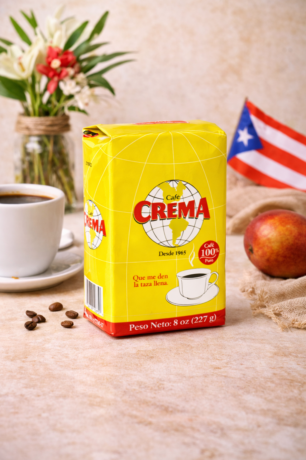 Café Crema Ground Coffee in Yellow Packaging from Puerto Rico