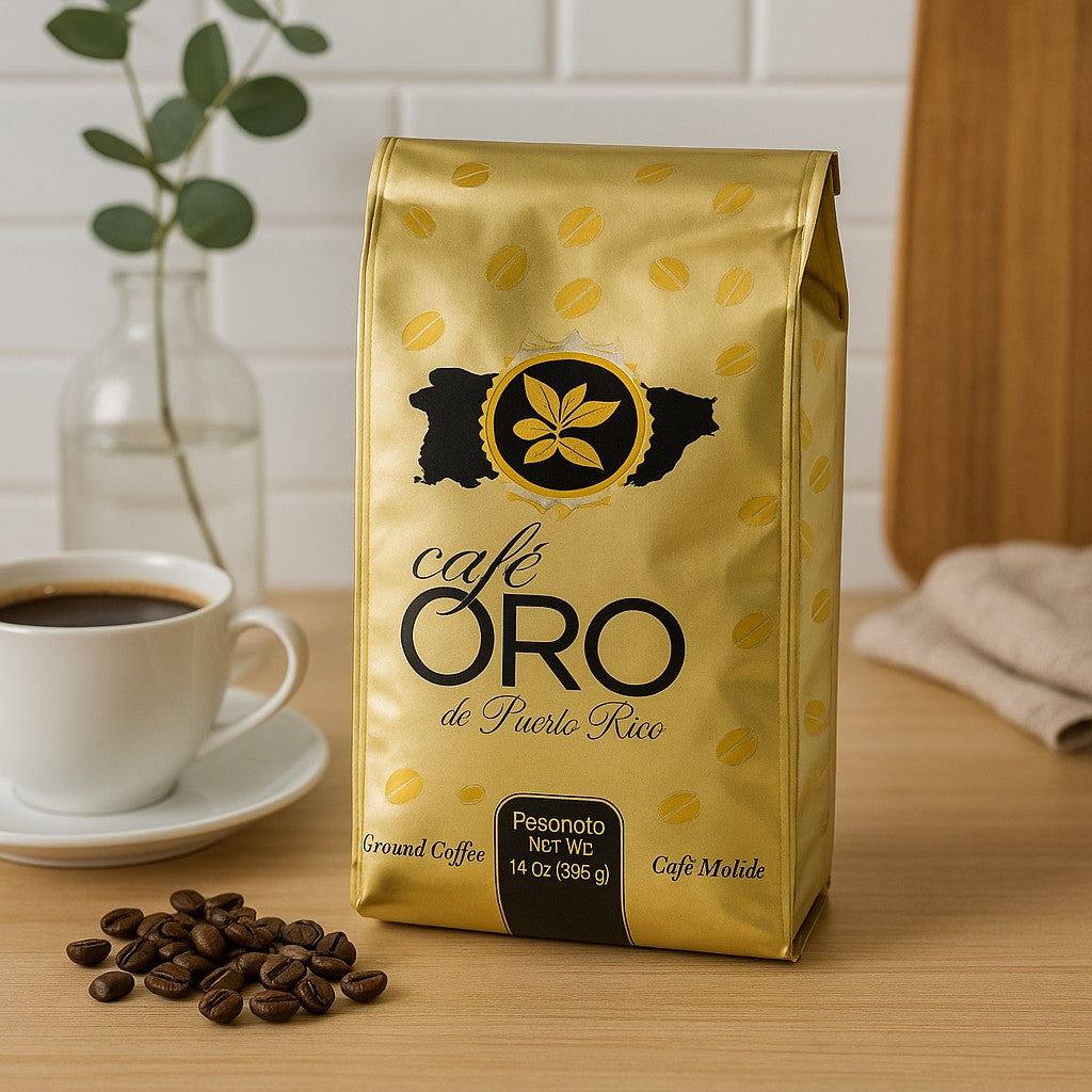 Café Oro de Puerto Rico ground coffee packaging with a cup of coffee and coffee beans, offering authentic Puerto Rico coffee