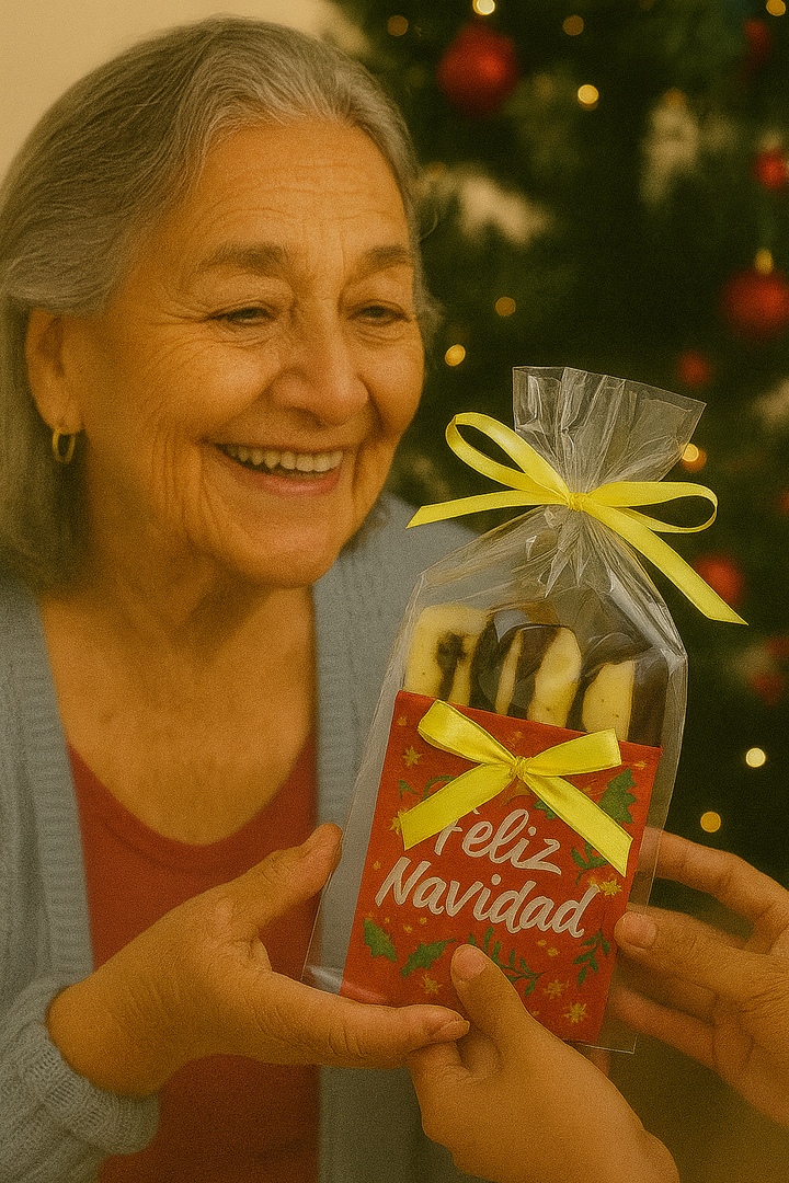 Woman smiling while receiving a gift bag of coffee and milk lollipop from Puerto Rico during the holidays