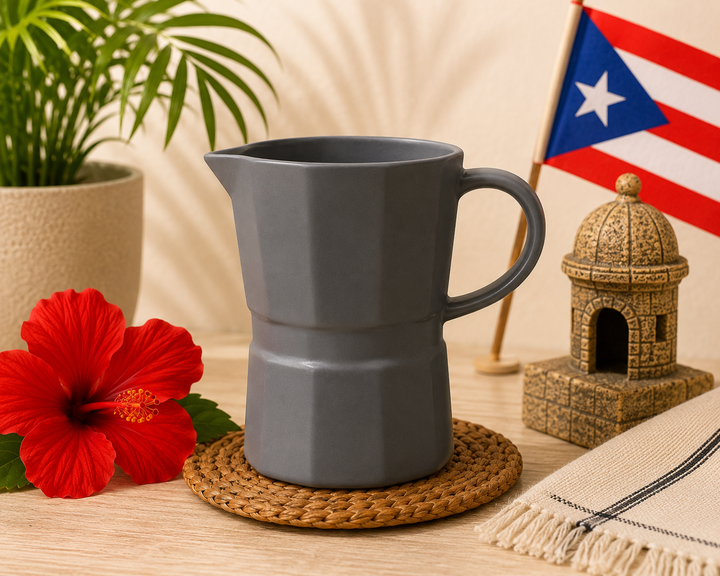 Gray coffee ceramic mug for enjoying beverages, featuring a design inspired by Puerto Rico