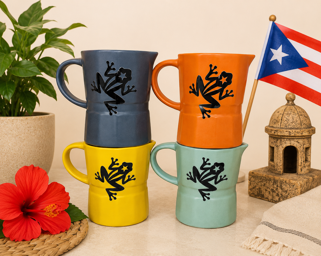 Colorful coffee ceramic mug stack featuring Puerto Rican frog design