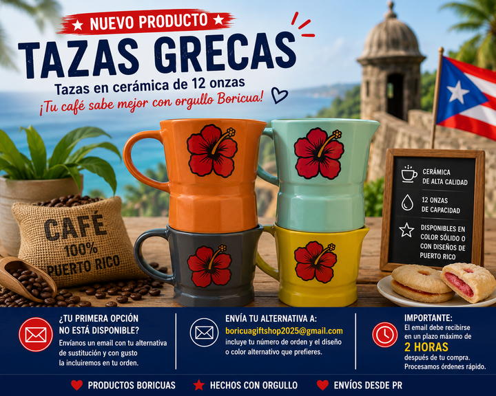 Colorful coffee ceramic mug set with hibiscus design, proudly made in Puerto Rico