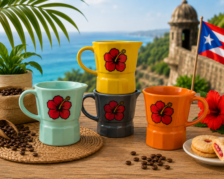 Colorful ceramic coffee mugs with hibiscus design for enjoying coffee in Puerto Rico