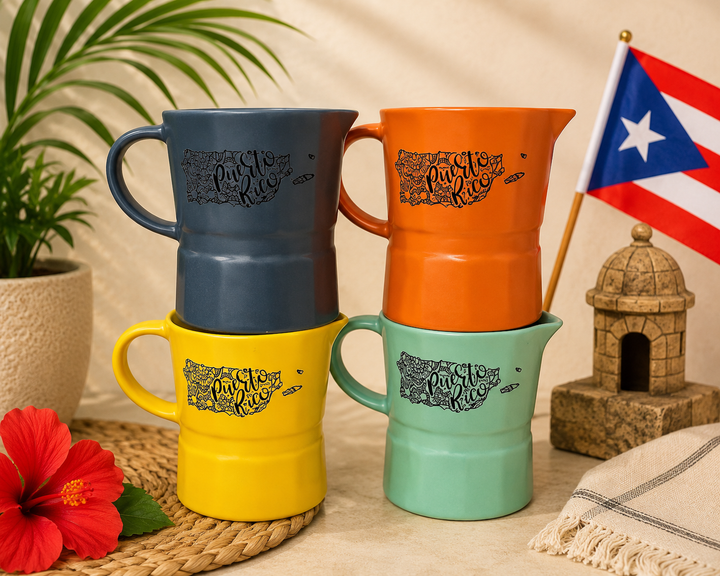 Colorful coffee ceramic mug set from Boricua Gift Shop featuring Puerto Rico design