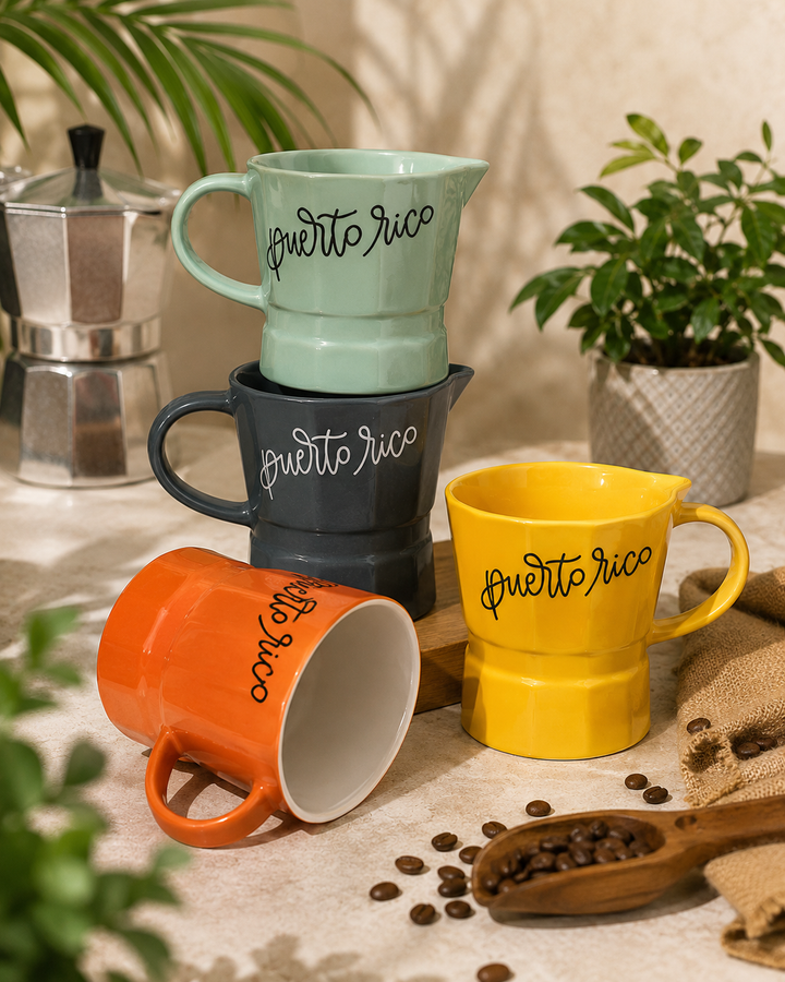 Colorful ceramic coffee mugs featuring Puerto Rico design for everyday use
