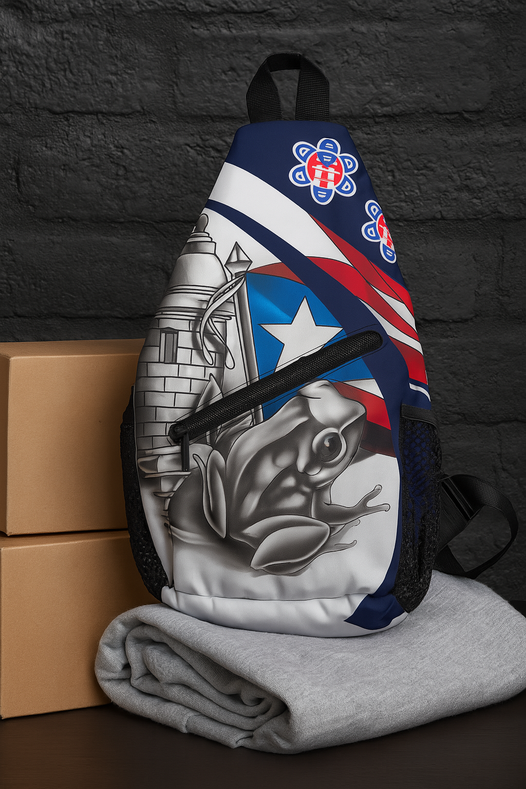 Boricua Gift Shop Puerto Rican frog sling backpack with silver coqui frog and flag motif
