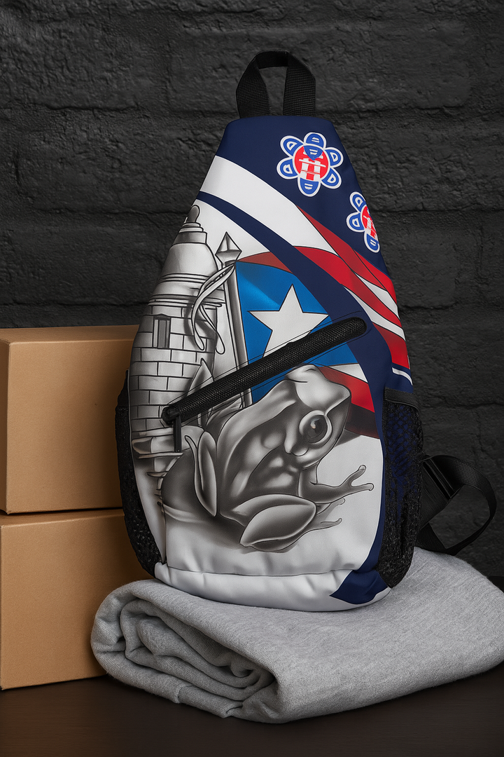 Boricua Gift Shop Puerto Rican frog sling backpack with silver coqui frog and flag motif