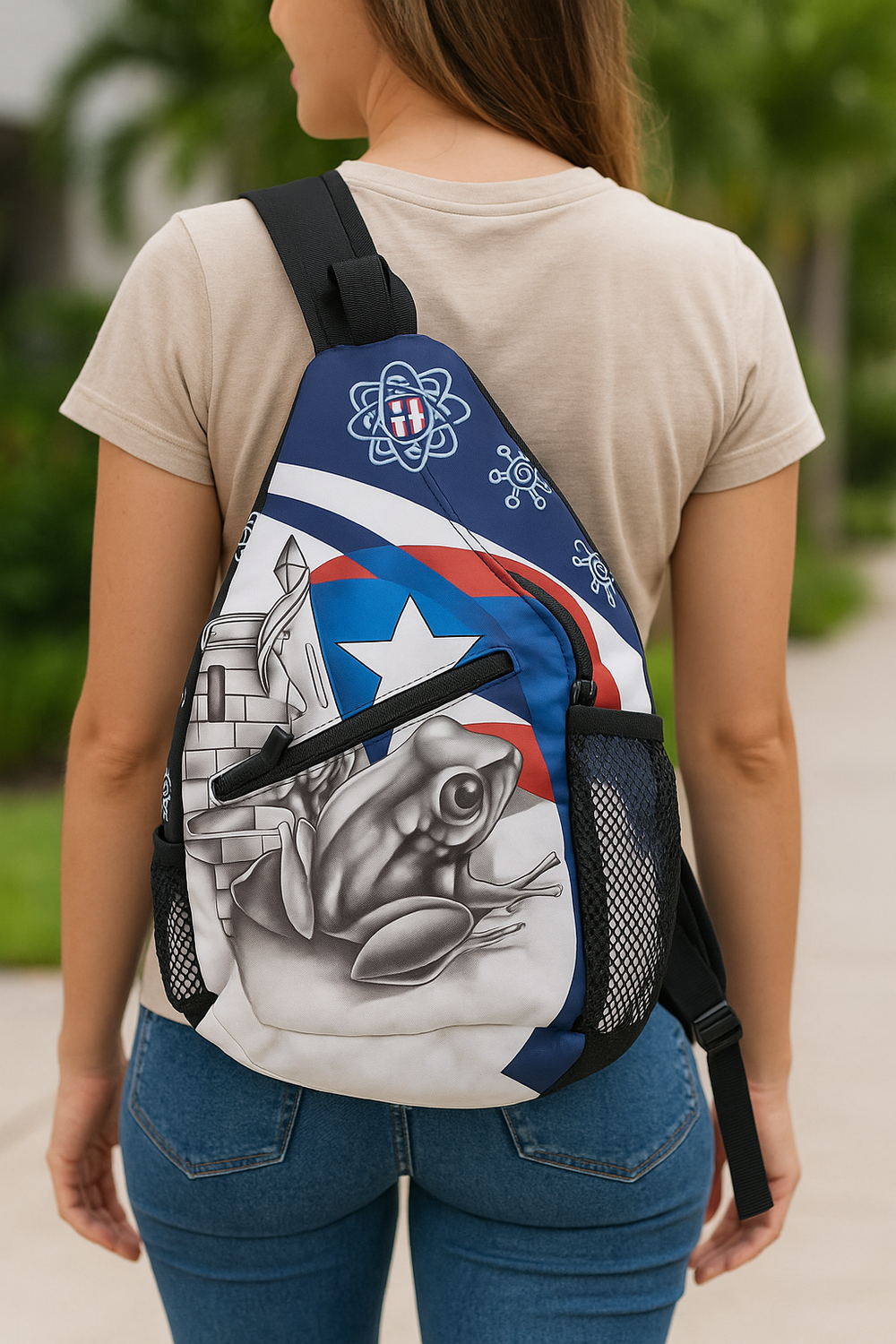 Woman wearing Puerto Rican frog sling backpack with Puerto Rican flag star motif and mesh side pockets