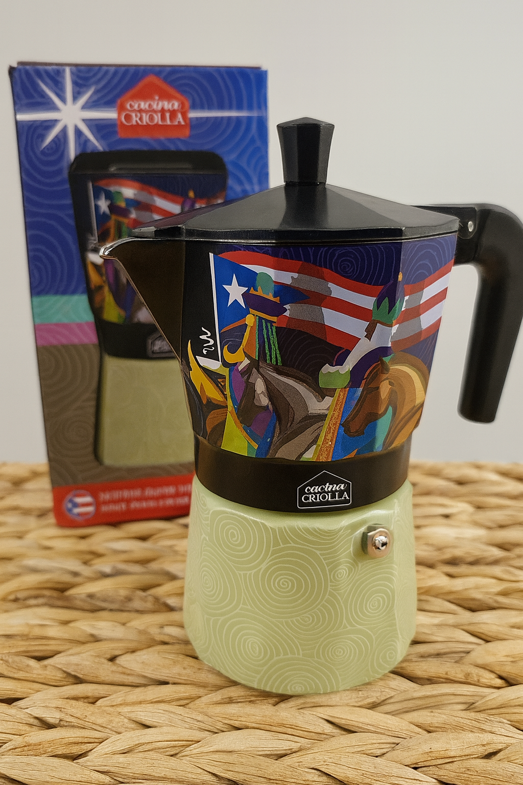 Colorful Puerto Rican Christmas coffee maker featuring a unique design and efficient brewing style