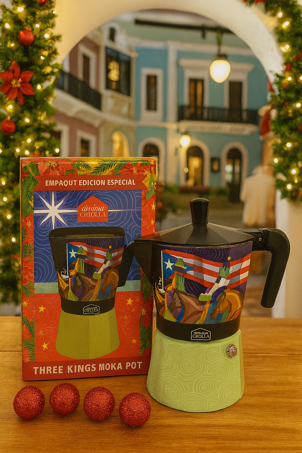 Pepe Ganga Puerto Rican Christmas coffee maker with colorful design and festive packaging