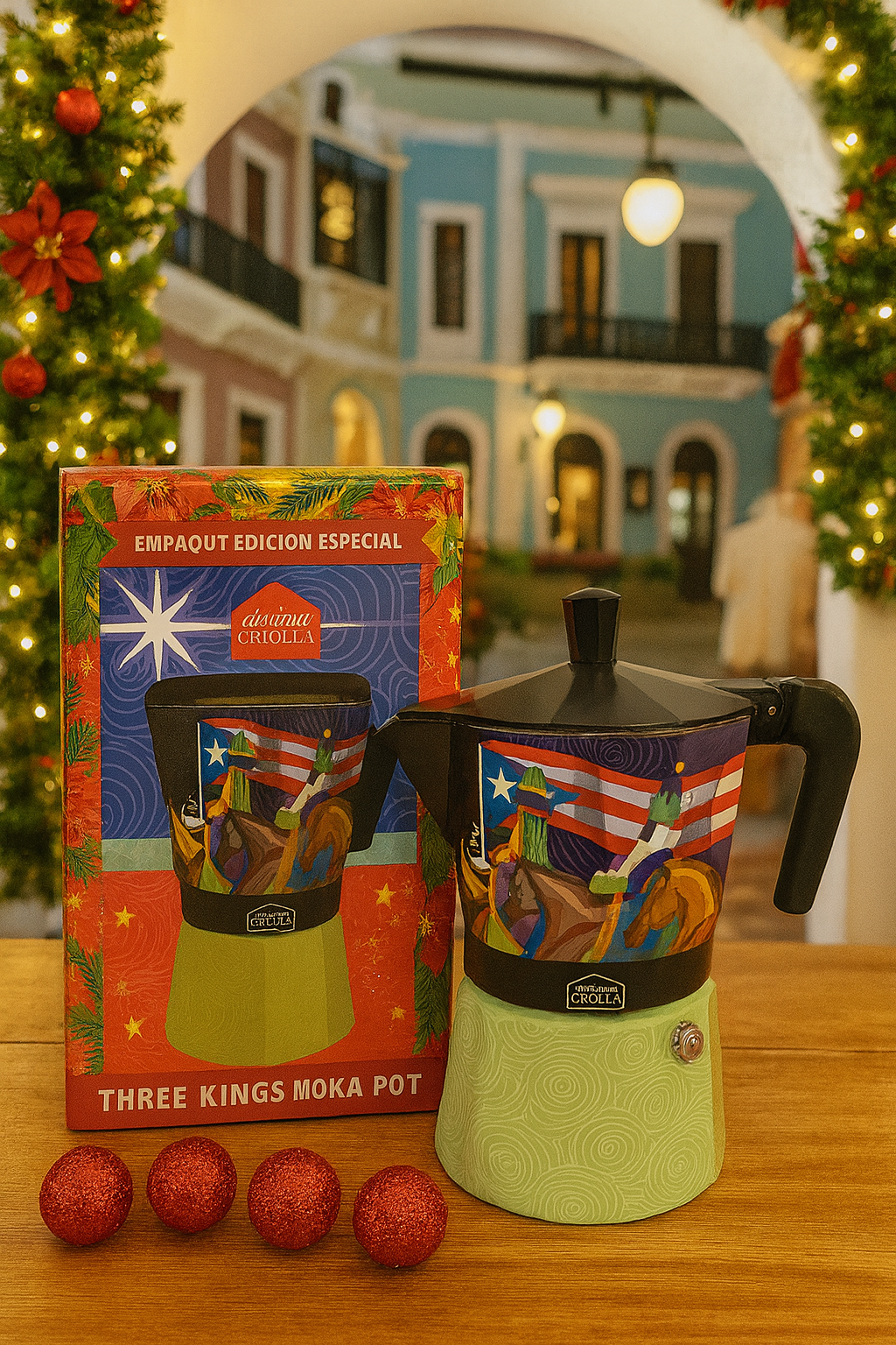 Pepe Ganga Puerto Rican Christmas coffee maker with colorful design and festive packaging