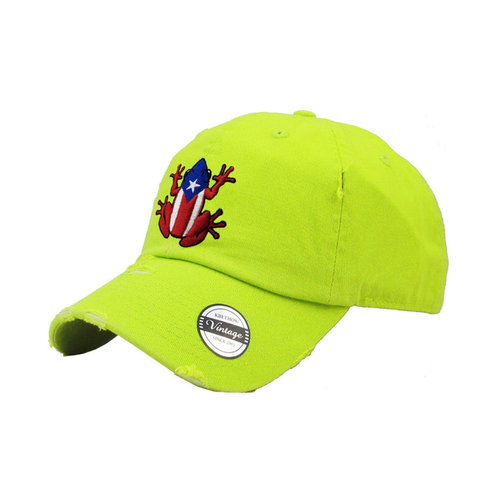 Bright green dad hat with Puerto Rican flag frog embroidery