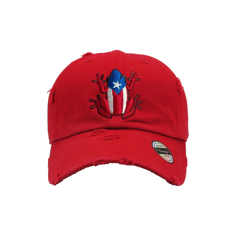 Red dad hat with Puerto Rican frog design for casual wear