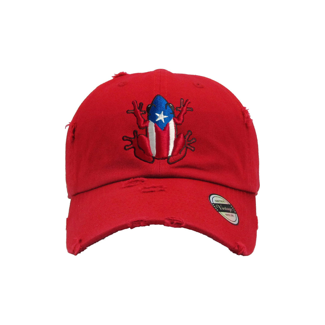 Red dad hat with Puerto Rican frog design for casual wear