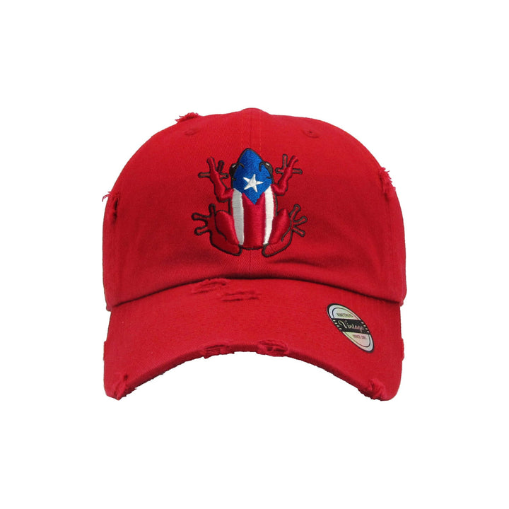 Red dad hat with Puerto Rican frog design for casual wear