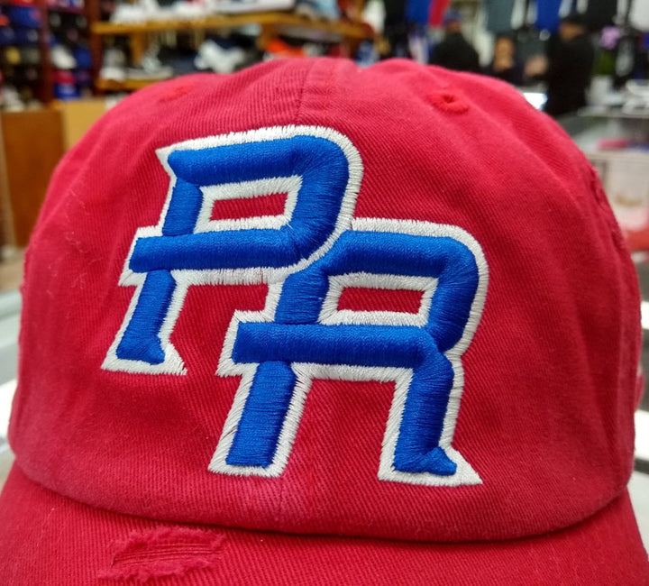 Red dad hat with embroidered PR logo for Puerto Rico fans