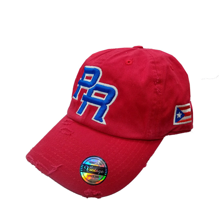 Peligro Sports red dad hat with PR embroidery and Puerto Rico flag