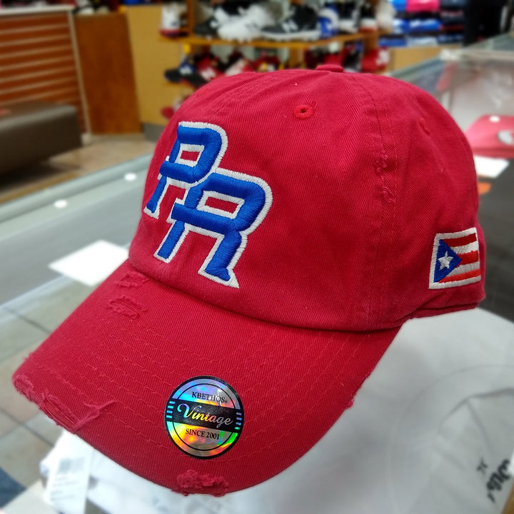 Red dad hat with Puerto Rico embroidery and distressed details