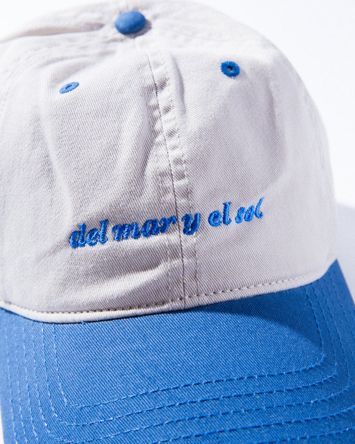 Light beige and blue Del Mar Y El Sol souvenir cap with embroidered text for summer style