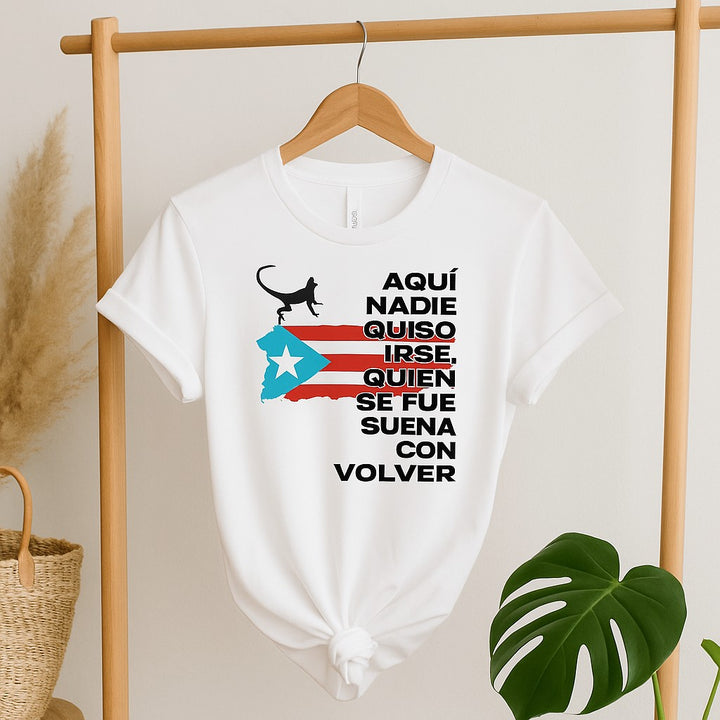 Bad Bunny DTMF Tee – Puerto Rico Women’s Shirt with Flag & Sapo Concho | “No Me Quiero Ir de Aquí” Gift for Her / WHITE