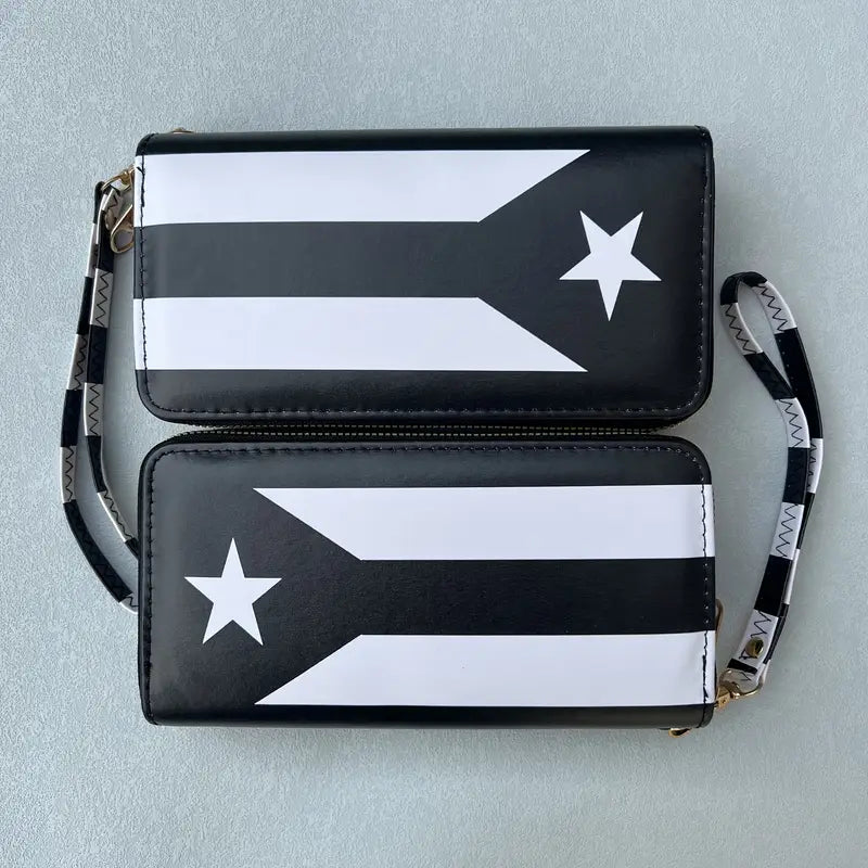 Boricua Gift Shop dual zipper lanyard wallet featuring a black and white flag design with a convenient strap