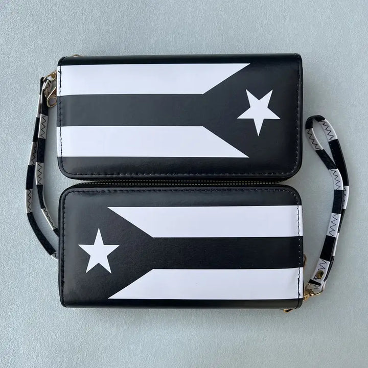 Boricua Gift Shop dual zipper lanyard wallet featuring a black and white flag design with a convenient strap