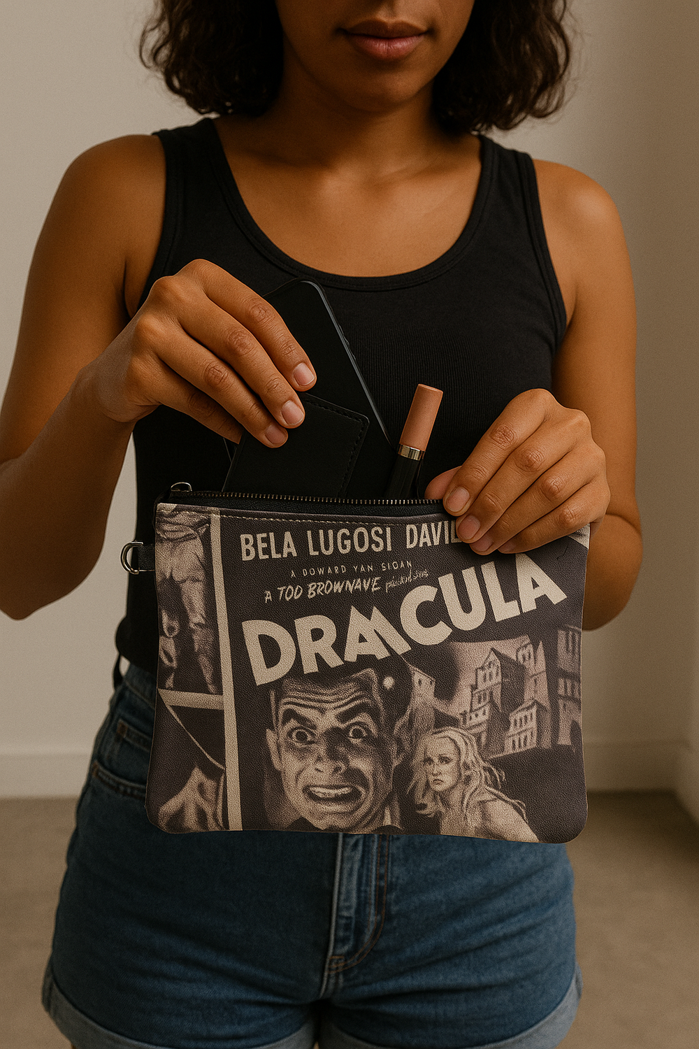 Gothic wristlet bag featuring classic Dracula movie artwork, perfect for stylish storage