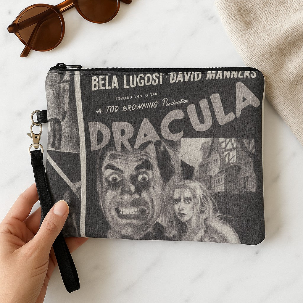Gothic wristlet bag featuring a classic Dracula design with vintage horror artwork