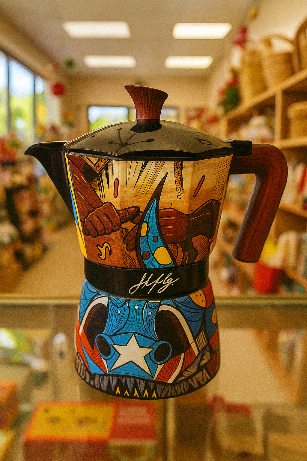 Colorful hand-painted greca coffee pot with artistic design and wooden handle for stylish brewing