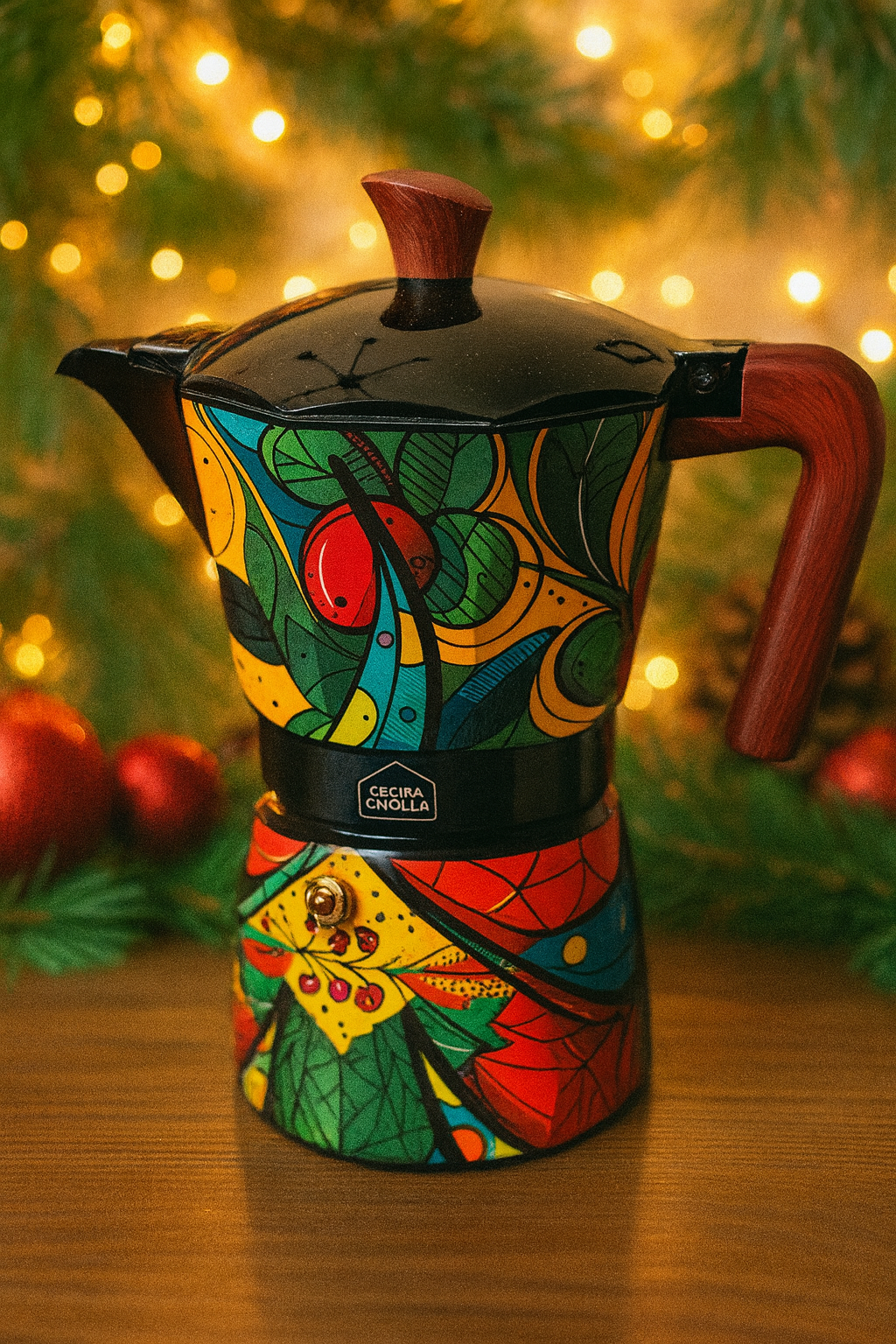 Colorful hand-painted greca coffee pot with intricate designs and a classic shape for brewing espresso